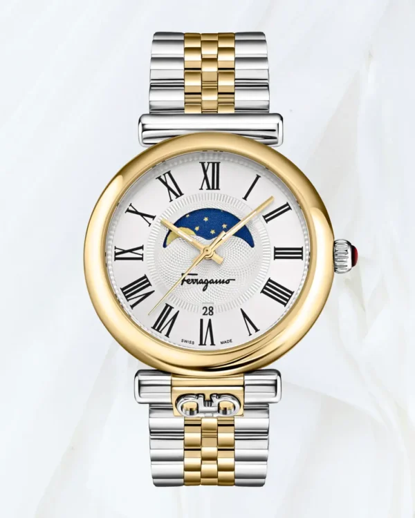 Ferragamo Ora Moonphase two-tone bracelet watch with silver dial