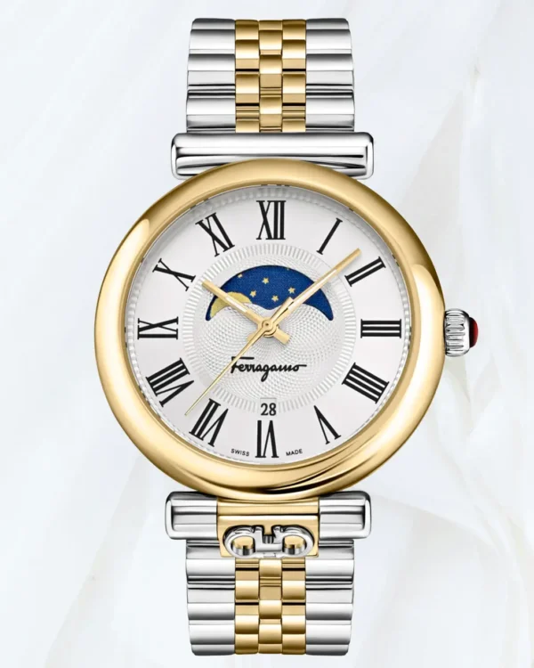 Close front view of Ferragamo Ora Moonphase watch with Roman numeral dial