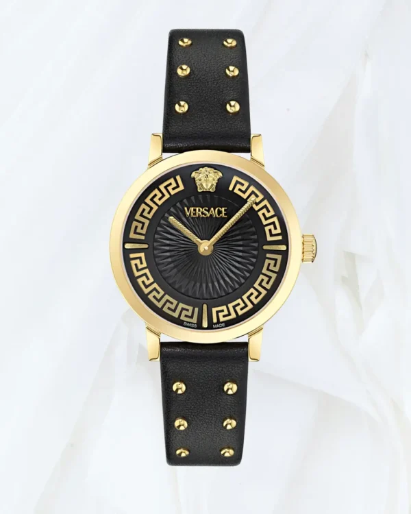 Versace Greca Chrono black leather watch with black guilloché dial and yellow gold case