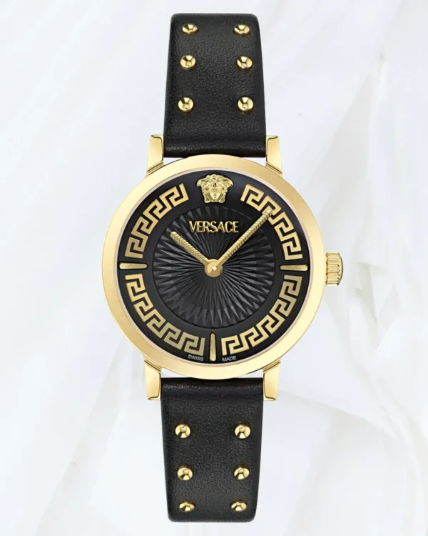 Close front view of Versace Greca Fortuna watch with black dial