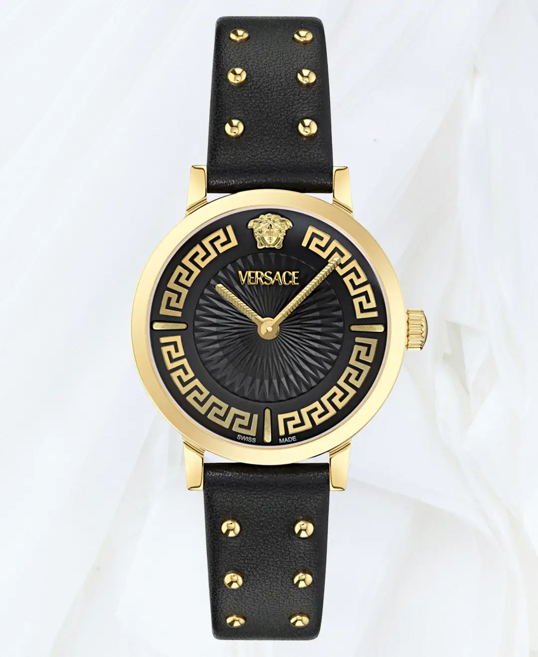 Close front view of Versace Greca Chrono watch with black chronograph dial