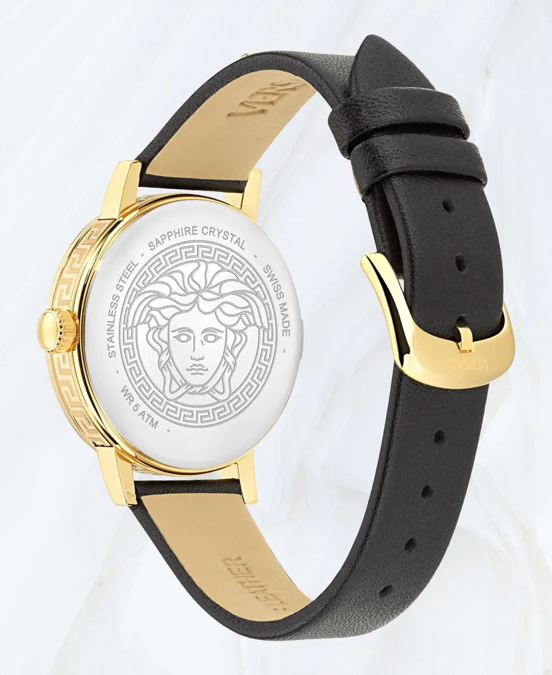 Side view of Versace Greca Chrono watch with yellow gold case and black leather strap
