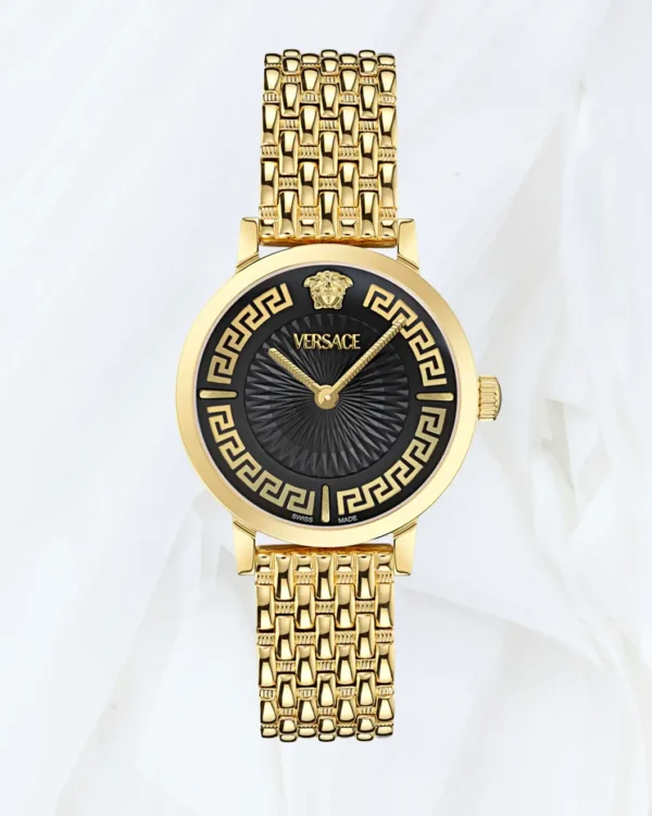 Versace Greca Fortuna gold bracelet watch with black guilloché dial