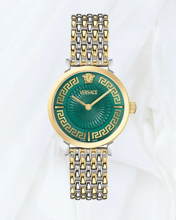 Versace Greca Fortuna two-tone watch with green guilloché dial