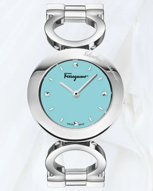 Ferragamo Gancino 34mm silver stainless steel bracelet watch with Tiffany blue dial