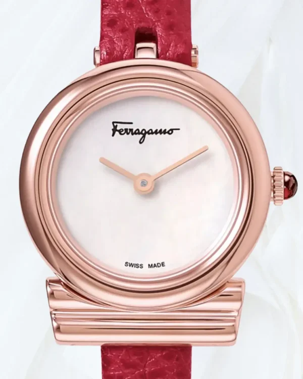 Ferragamo Gancini Slim rose gold watch with white mother-of-pearl dial detail