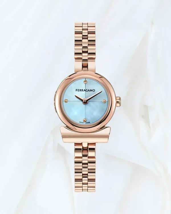 Ferragamo Gancini women’s rose gold bracelet watch with blue mother-of-pearl dial