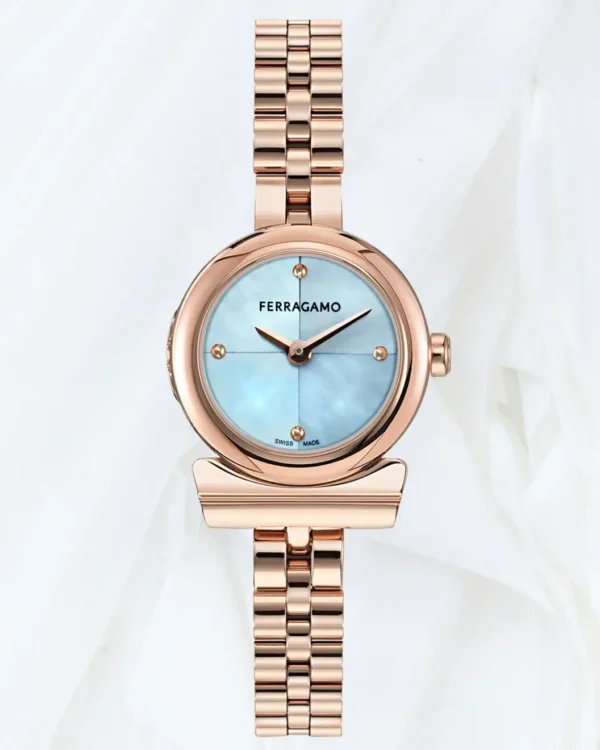 Ferragamo Gancini 22.5mm rose gold watch with blue mother-of-pearl dial