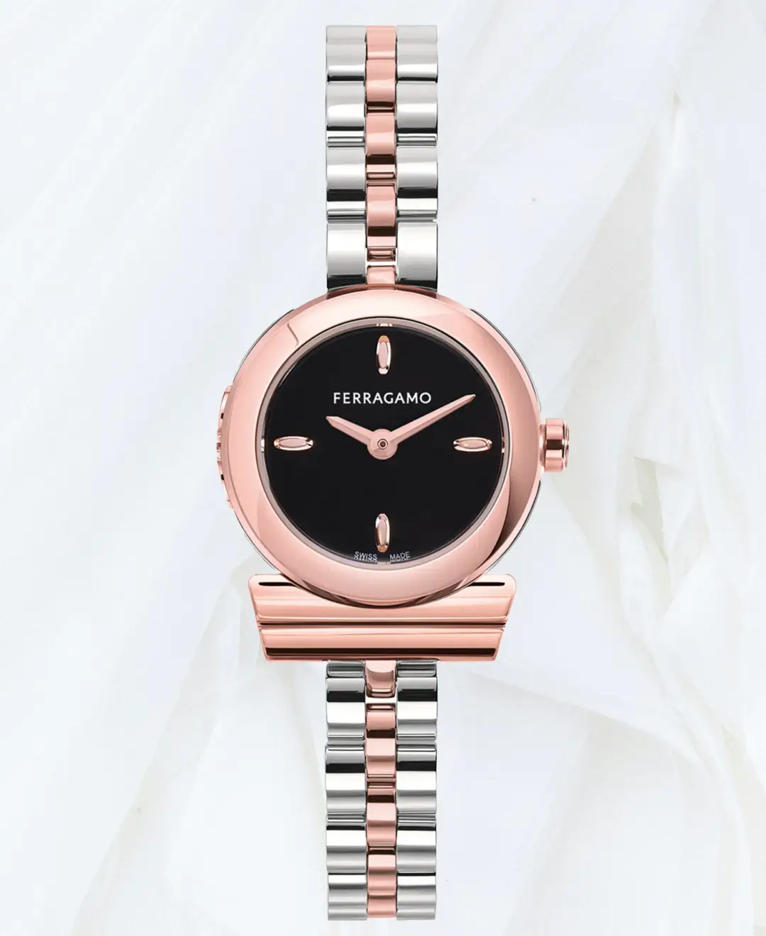 Ferragamo Gancino 22.5mm two tone watch with black dial and rose gold-tone details