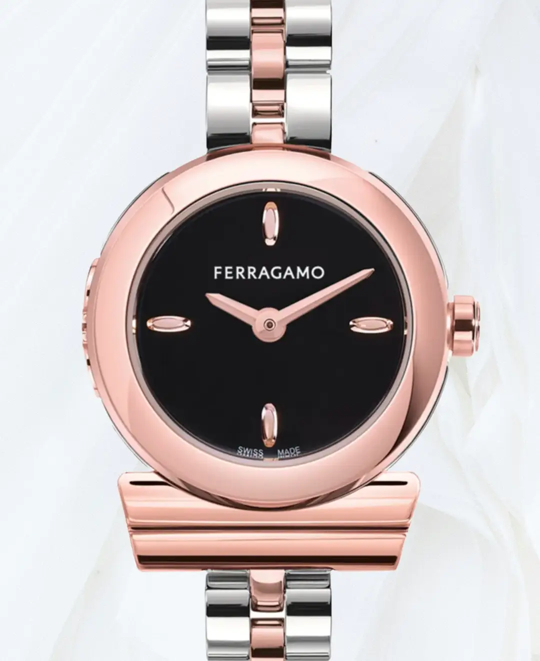 Ferragamo Gancino two tone watch with black enamel dial detail