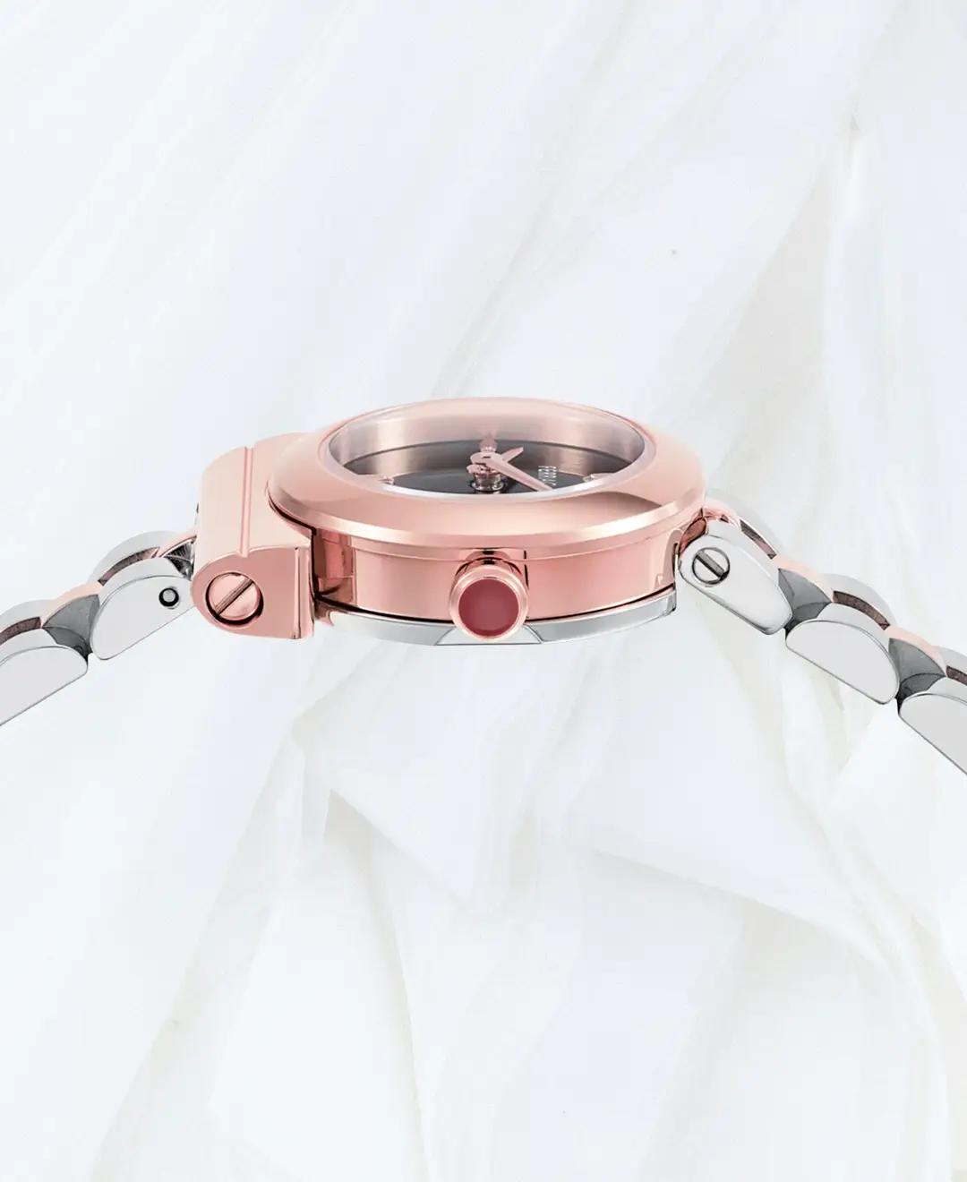 Side view of Ferragamo Gancino two tone bracelet watch
