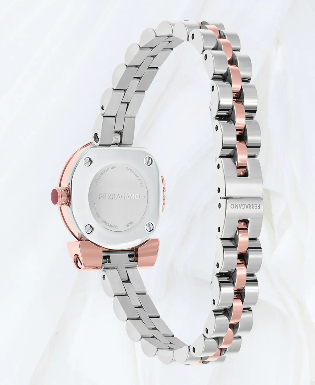 Back view of Ferragamo Gancino two tone bracelet watch with deployant buckle