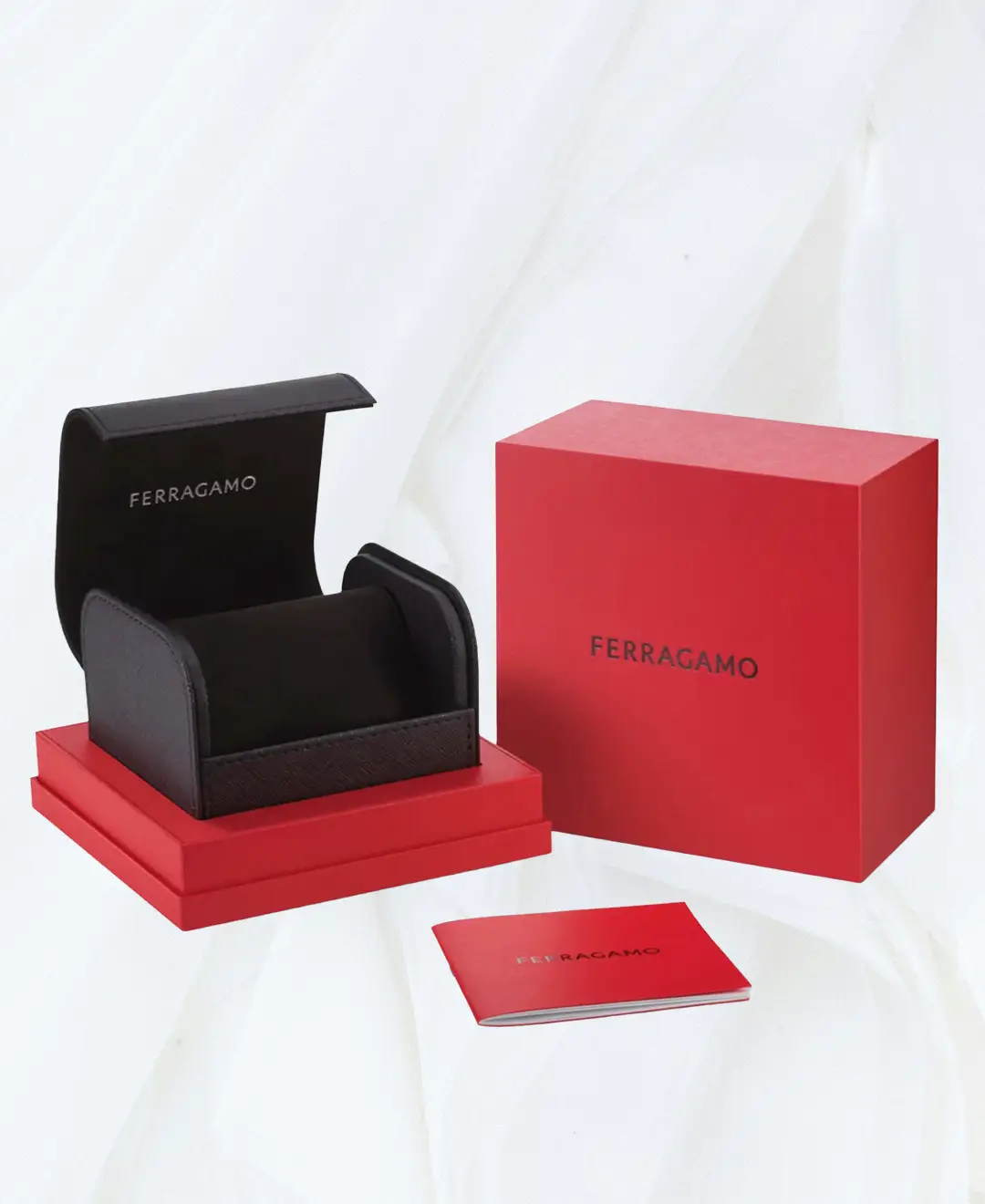 Ferragamo Gancino bracelet watch branded red and black presentation packaging