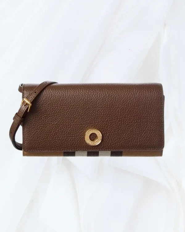 Burberry Check canvas and brown leather crossbody bag with gold-tone circular detail