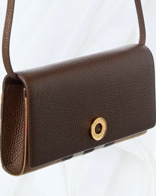 Angled Burberry brown leather and check canvas crossbody bag